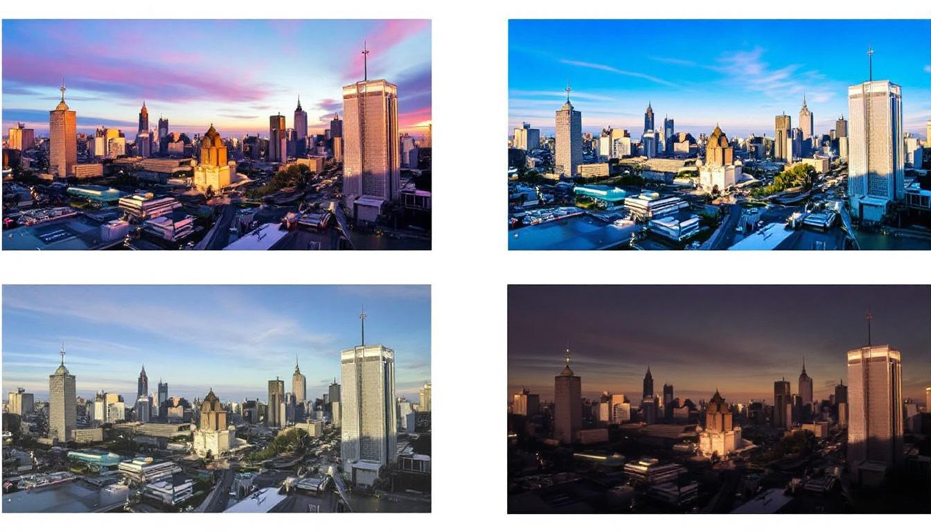 Pixel 10 Pro XL camera in closeup beside sample cityscape, portrait, and night photos