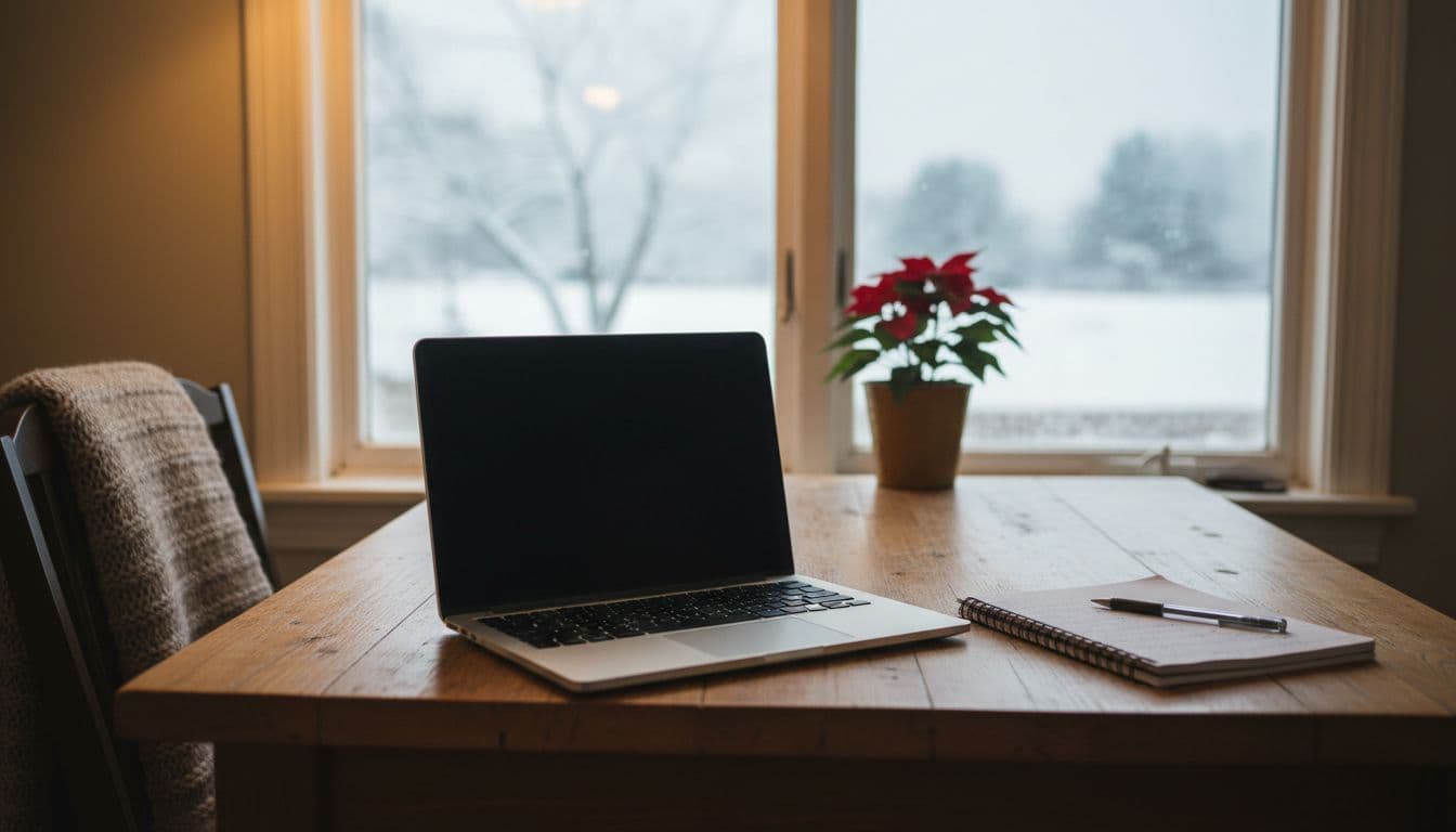 Remote work setup at home with a laptop and notebook during winter