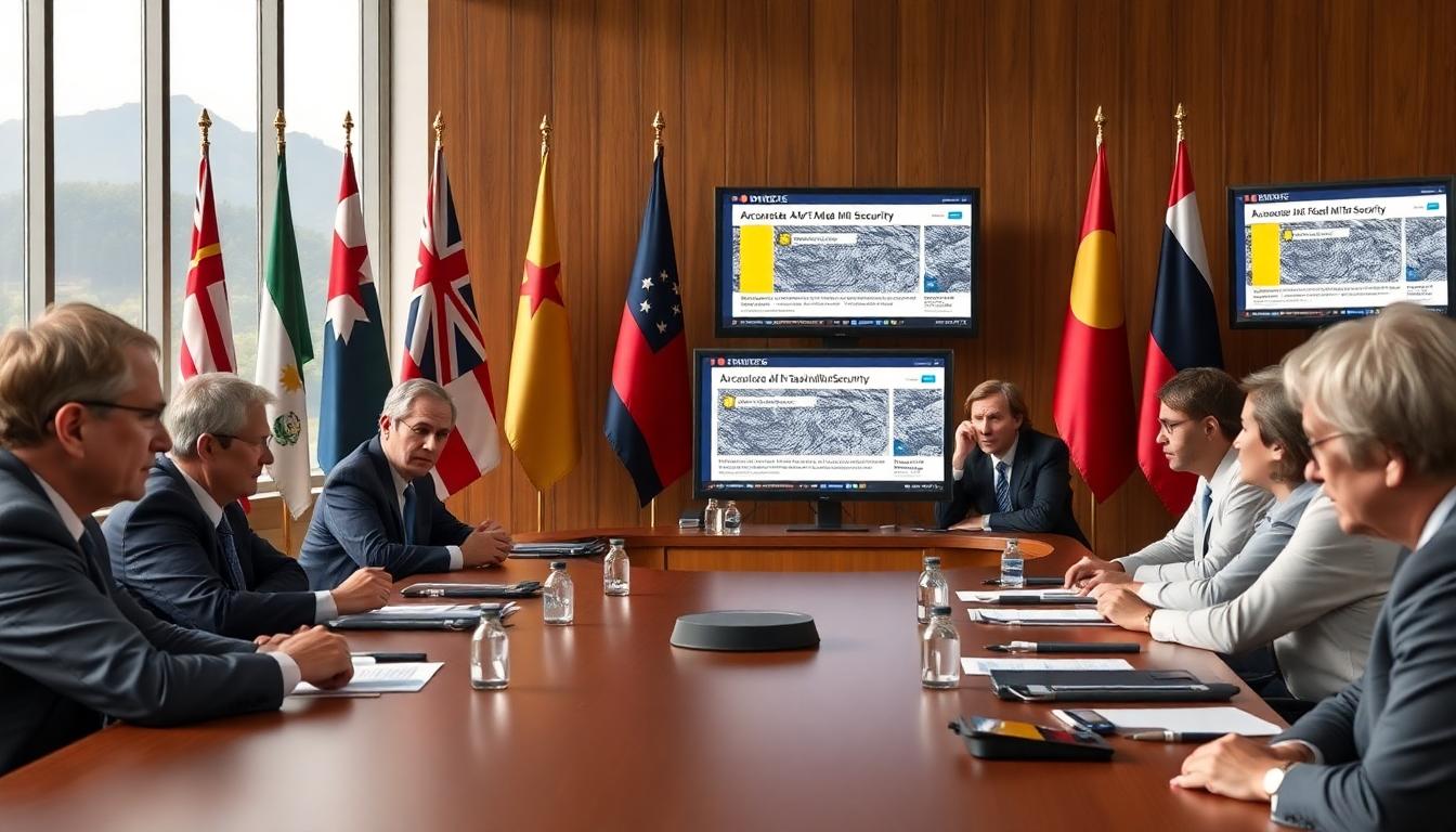 Government officials and AI scientists at a roundtable, screens displaying news about AI and biosecurity, worried faces, global flags in background, intense and serious mood.