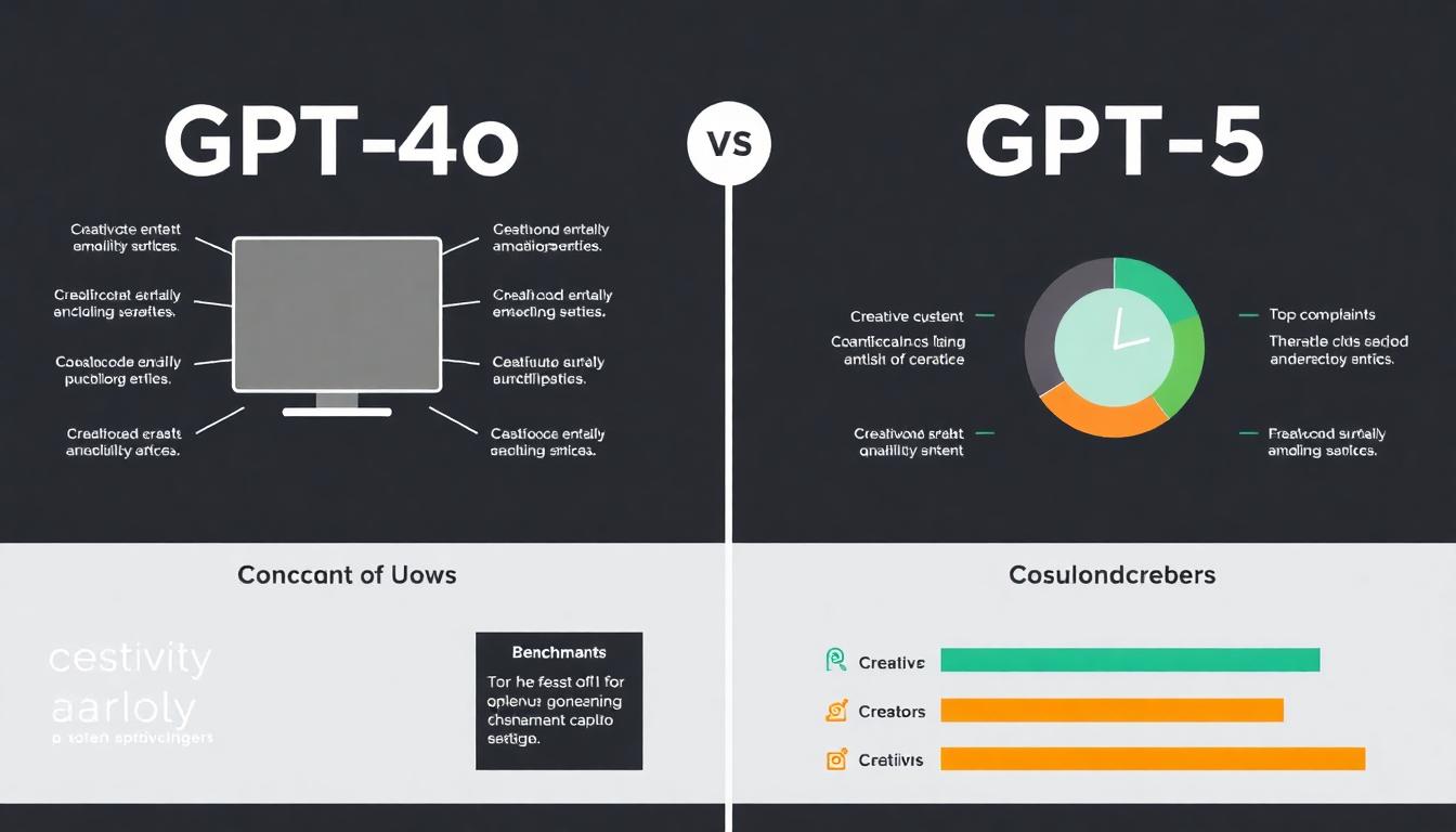 Infographic comparing GPT-4o and GPT-5: features, context window, creativity, benchmarks, top complaints, clean and modern visualization style