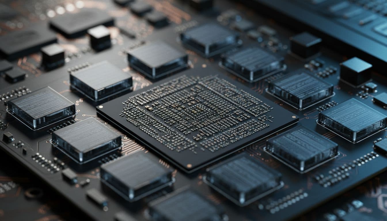 Macro close-up of GPU die and memory modules on a circuit board
