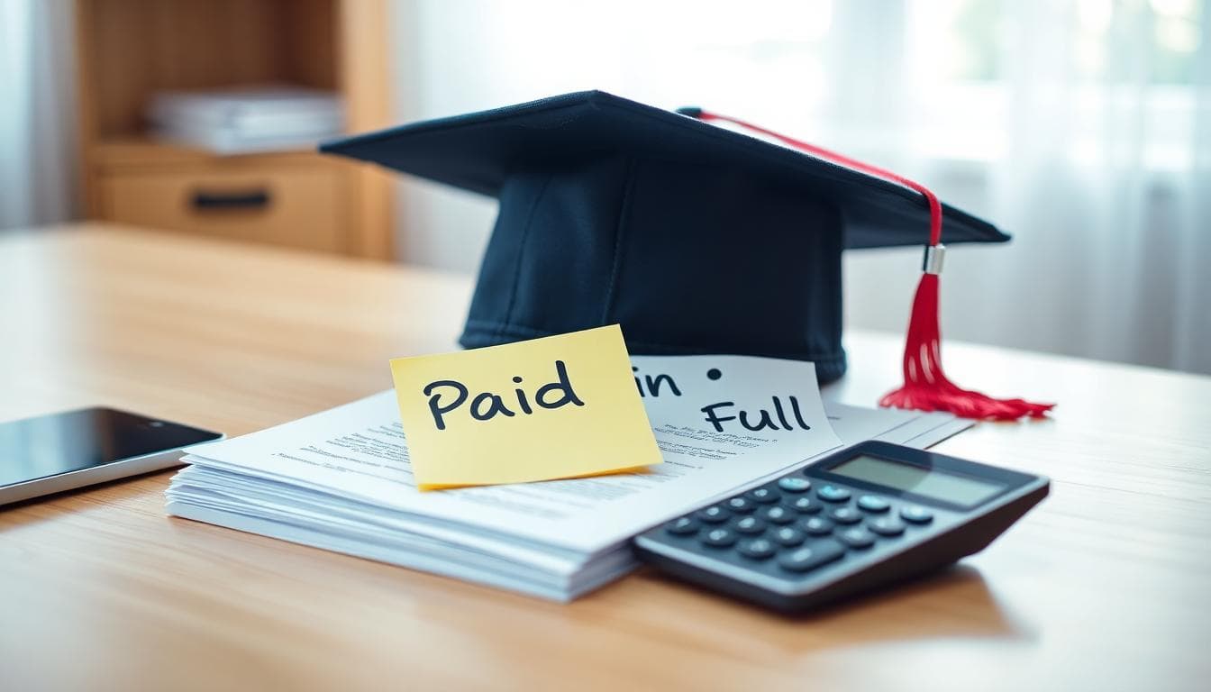 White House Agrees to Cancel Student Debt for Millions: What Borrowers Need to Know 4 Graduation cap on loan documents and a calculator with a note reading Paid in Full