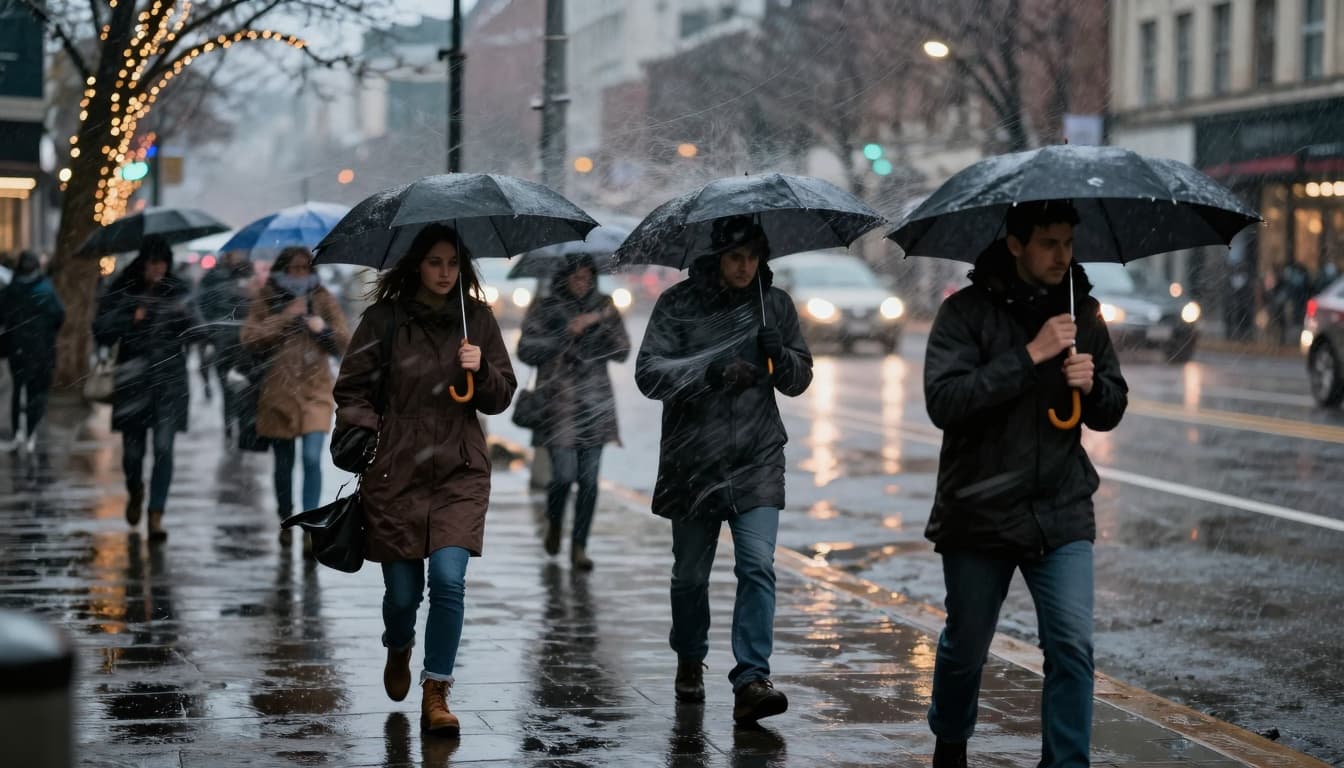 Gusty winds blowing holiday decorations on a rainy city street