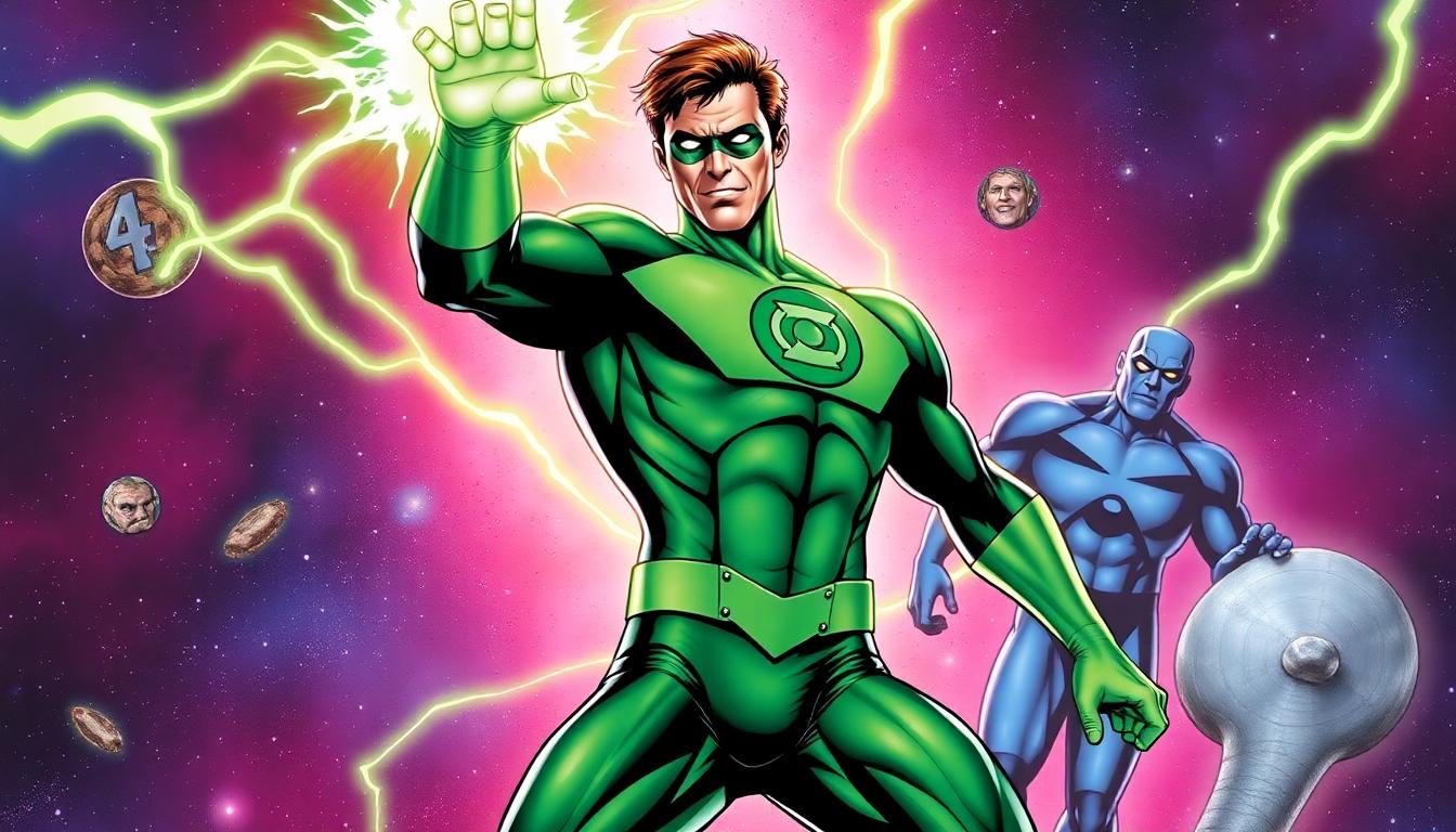 10 Powerful DC Heroes Who Could Defeat The Fantastic Four 2 Hal Jordan Green Lantern in cosmic battle stance, willpower energy glowing, facing off against the Fantastic Four