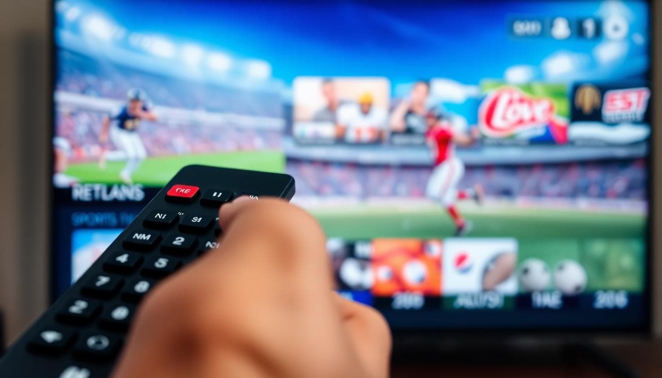 Hand holding a TV remote, choosing from a streaming interface grid