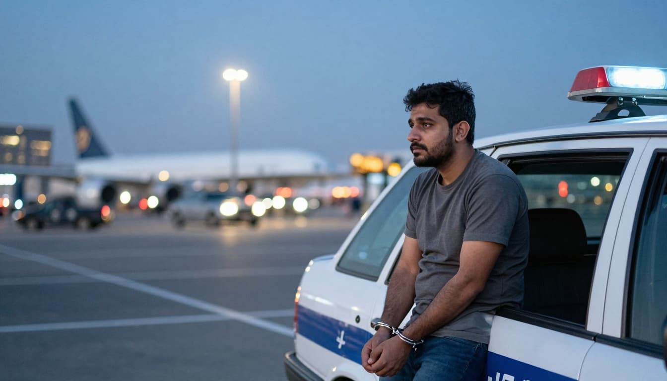Handcuffed man sitting in the back of a police car at night