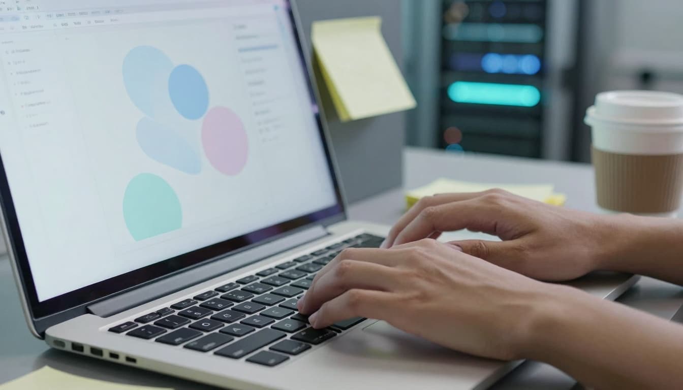 Hands typing on a laptop showing an abstract AI interface with data center lights in background