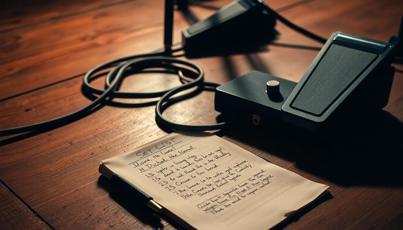 Handwritten setlist on stage near a coiled instrument cable and bass pedal