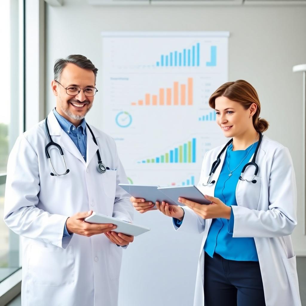 Inside: Healthcare workers discuss digital charts showing UnitedHealth financial growth