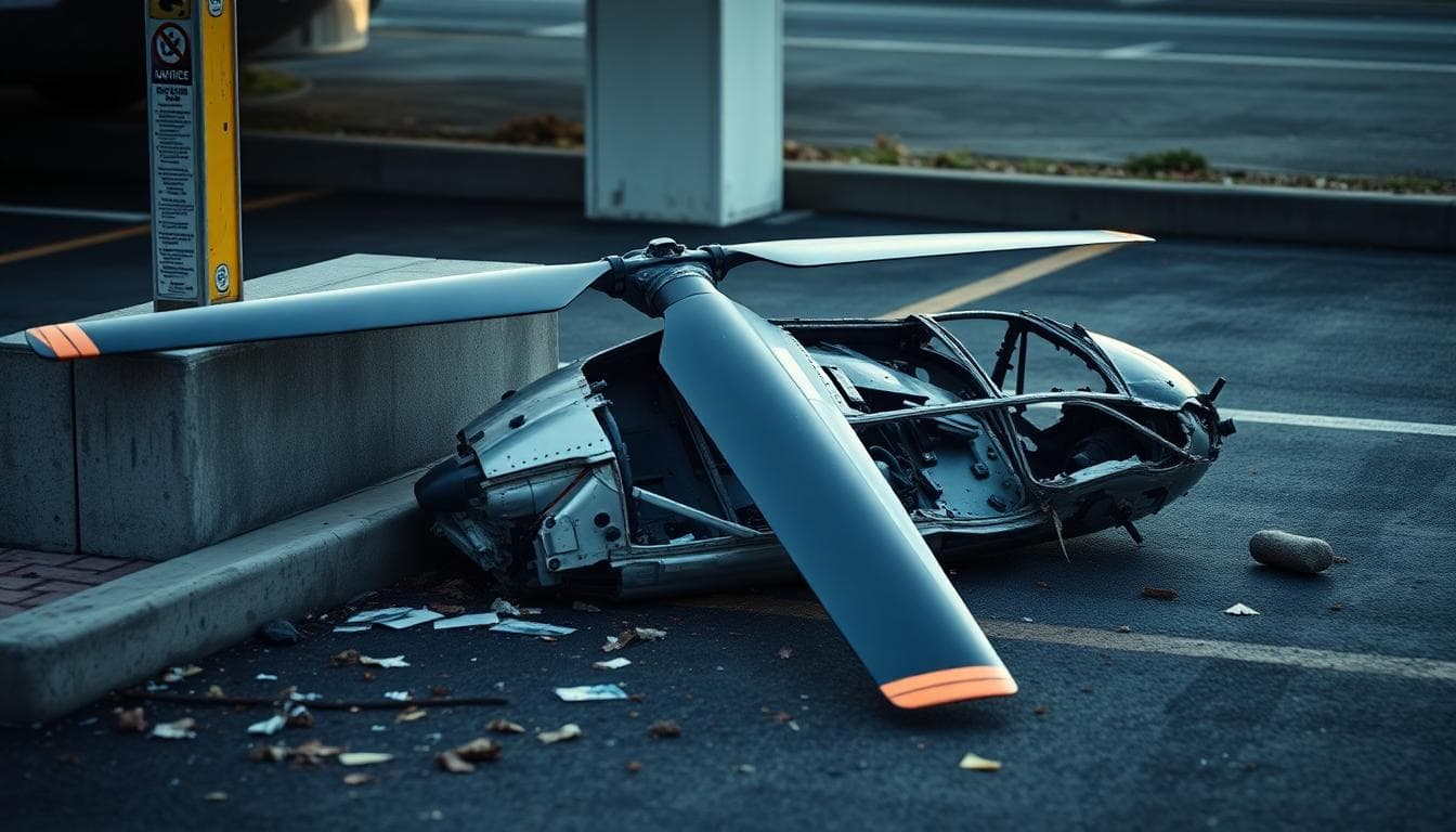 Huntington Beach Helicopter Crash: 5 Hospitalized After Parking Lot Incident 3 Close-up of helicopter wreckage with detached rotor blade and crumpled fuselage near a parking stop