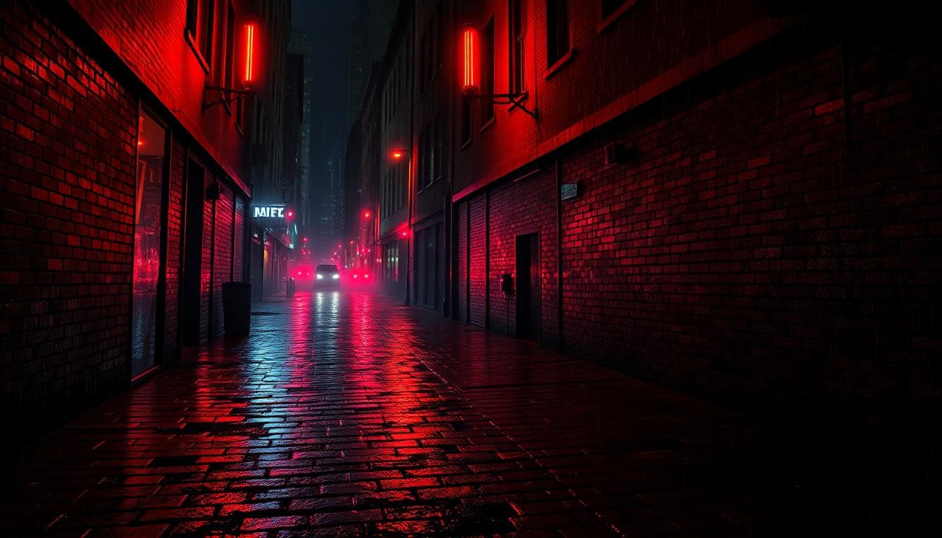 Daredevil: Born Again Season 2 Gets a Premiere Date — What Fans Should Know 3 Noir alley in Hell’s Kitchen with crossed billy club shadows, rain and red neon reflections