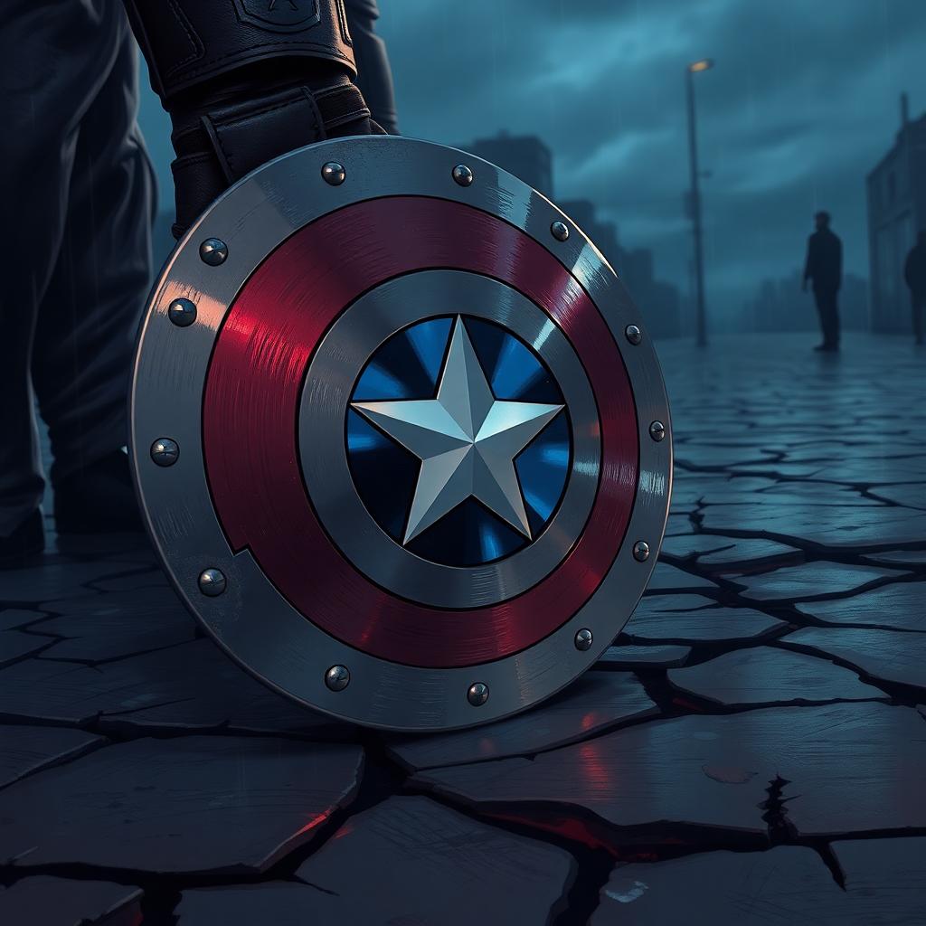 Report: Canceled Marvel Character May Return for Major Roles in Avengers: Doomsday and Secret Wars 4 Close-up of a star-emblem shield on cracked pavement with teammates reflected in the metal