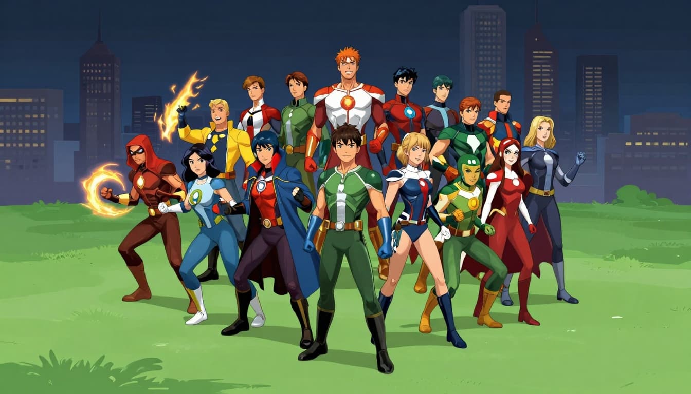 Comic-style collage of a heroic team assembling