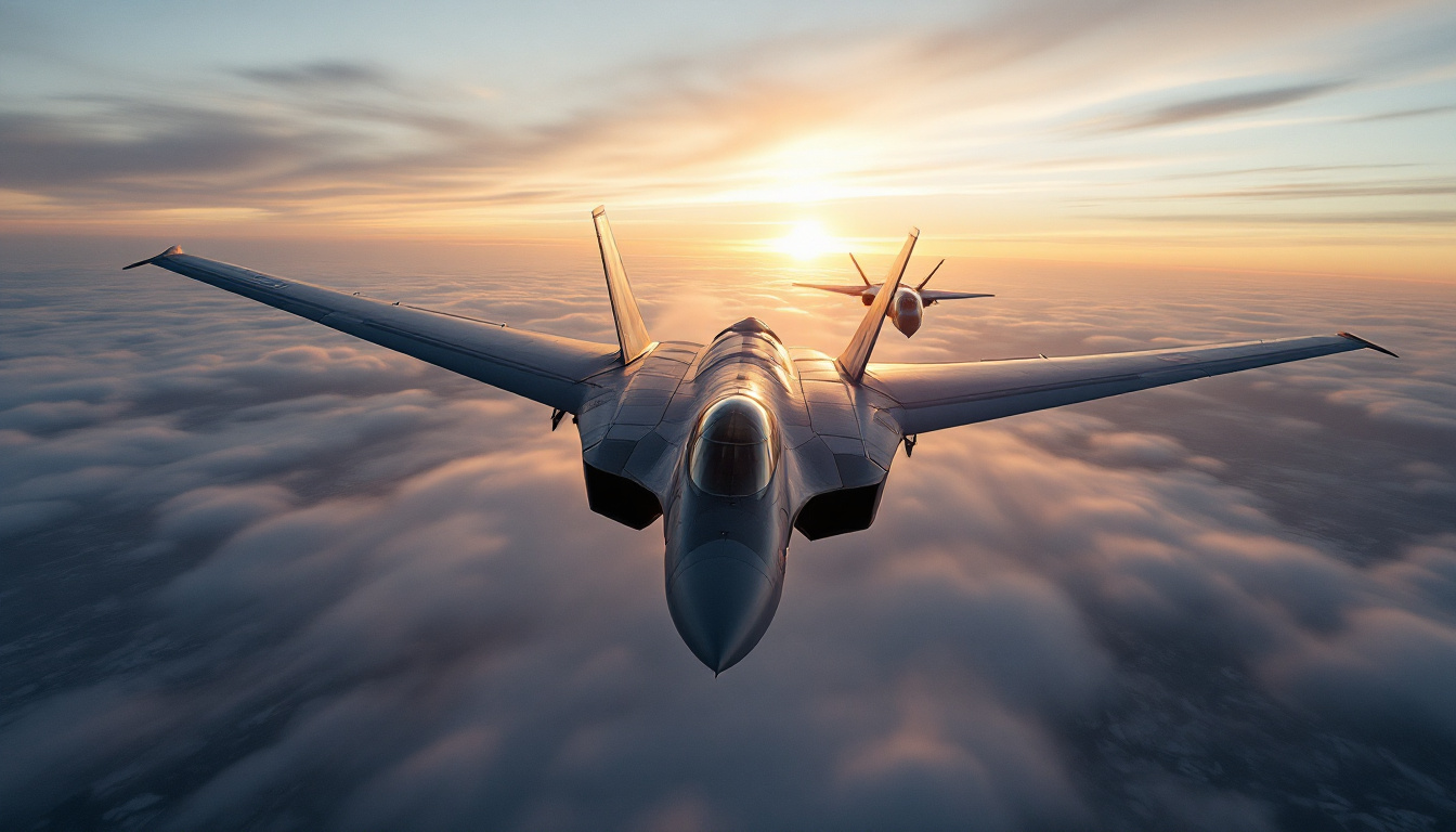 Fighter jet intercepting long-range bomber with contrails at sunrise