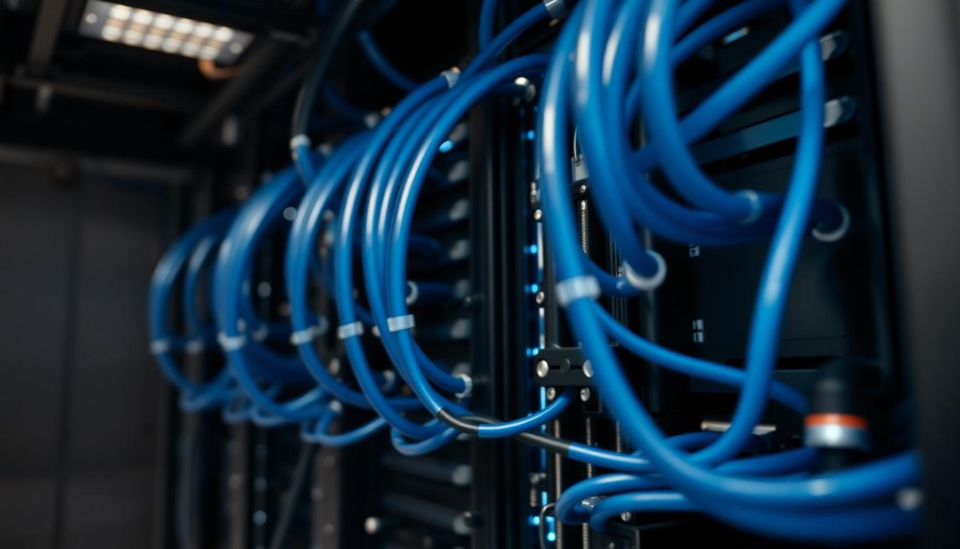 High-density server racks with visible liquid cooling manifolds and blue tubes