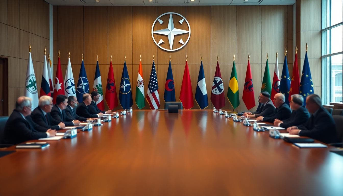 High level NATO meeting room with diplomats and member flags