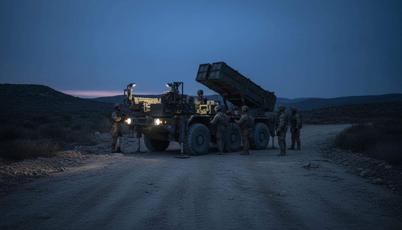 A mobile rocket launcher crews up for a drill on rugged terrain.