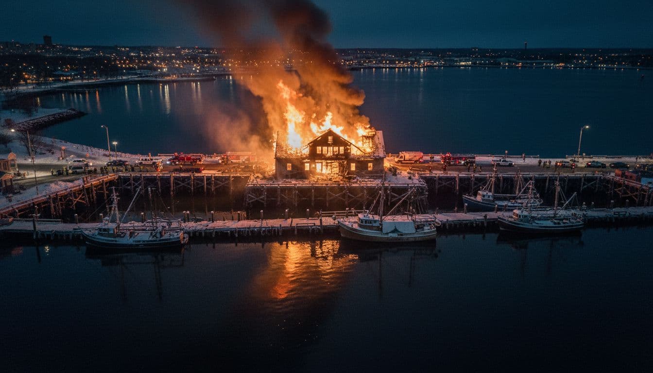 Large Fire on Portland’s Custom House Wharf Brought Under Control Officials Urge Caution in Old Port 2 Aerial view of smoke over a wharf fire scene with emergency vehicles nearby