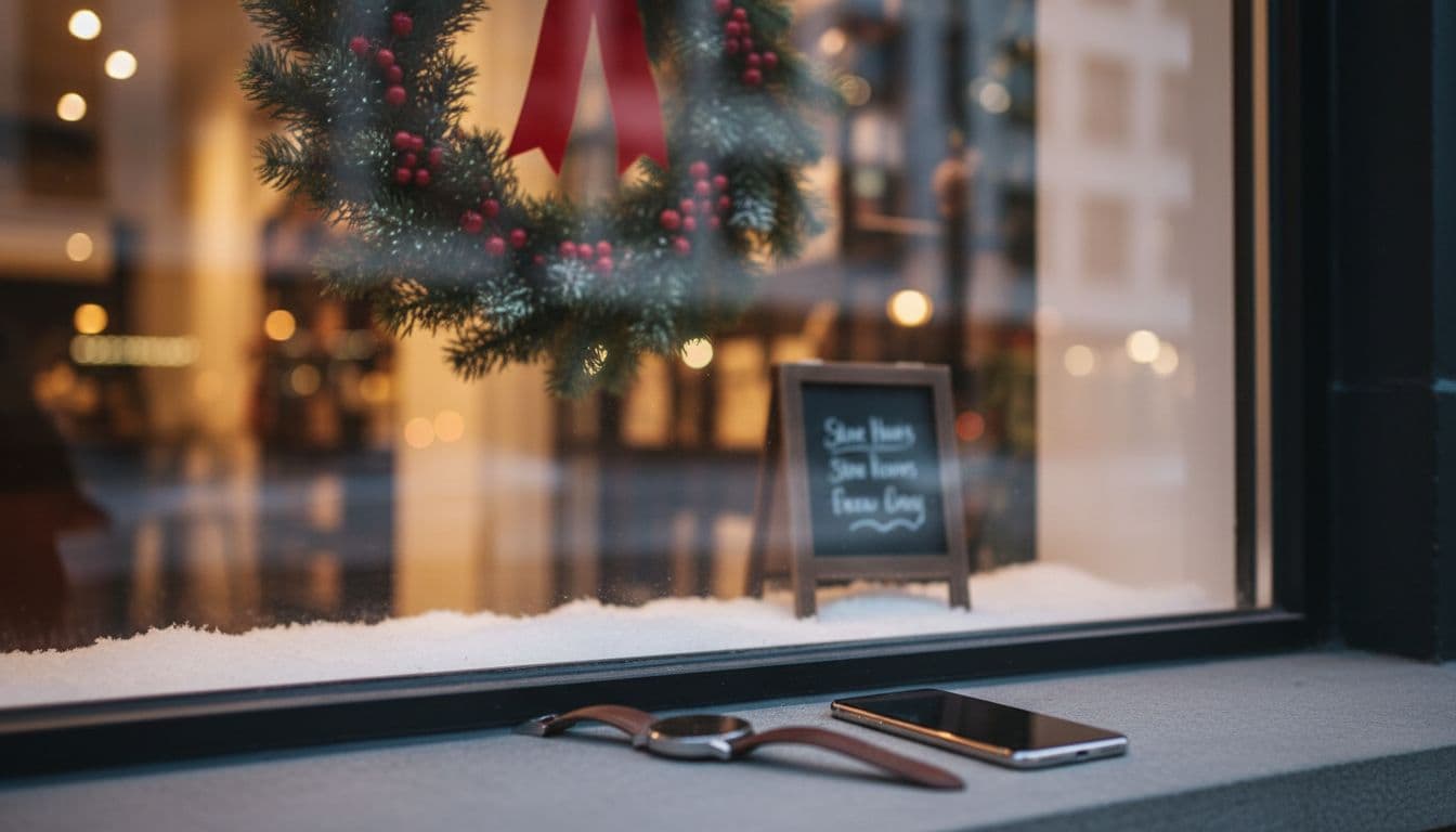 Storefront with holiday wreath and a small hours sign, with a watch and phone showing last-minute timing