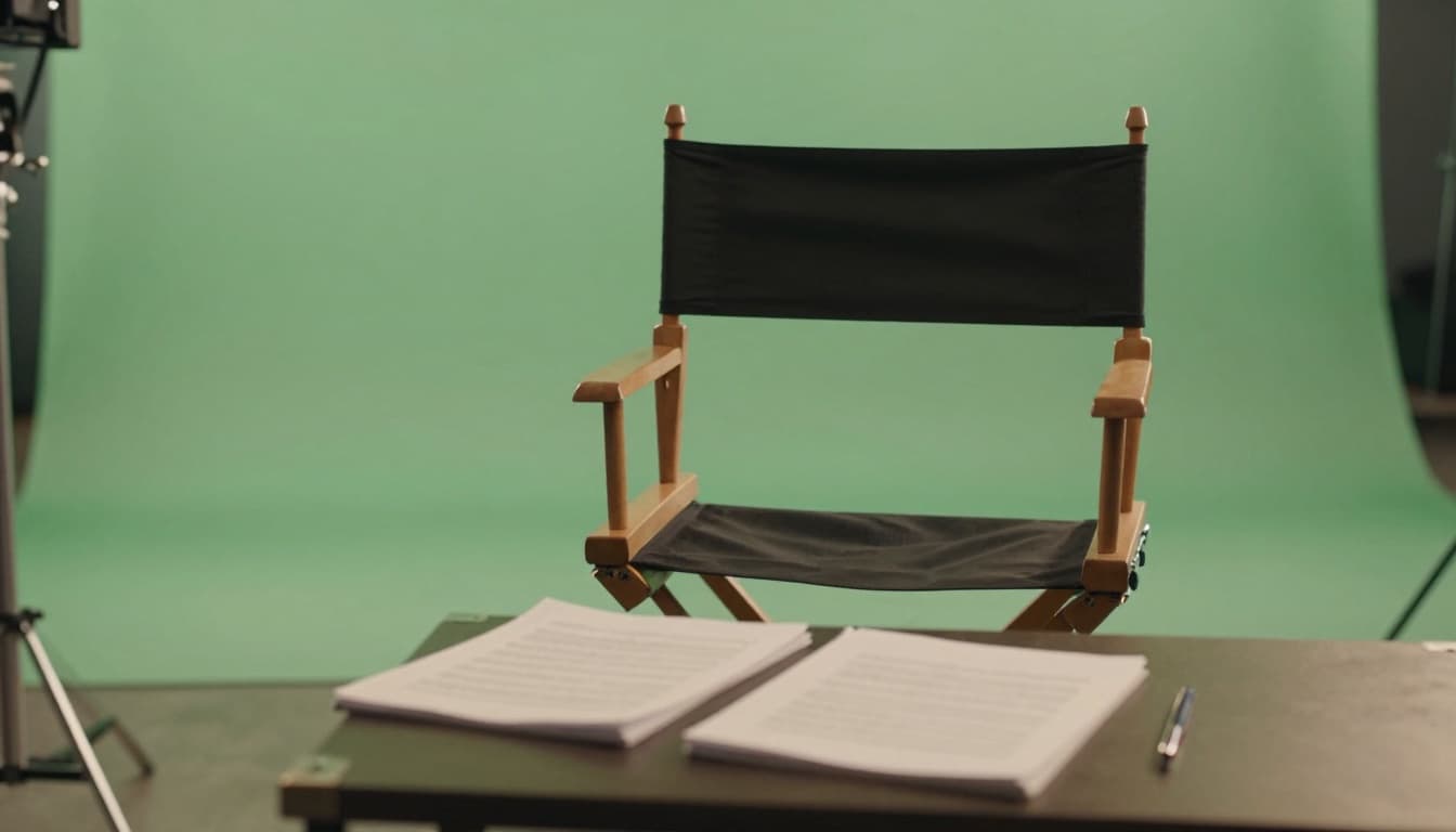 Film set with director chair, camera rig, and green screen, representing big-budget production