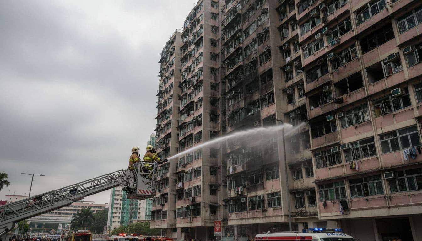 High-rise building in Hong Kong with smoke damage and blackened windows after a fire