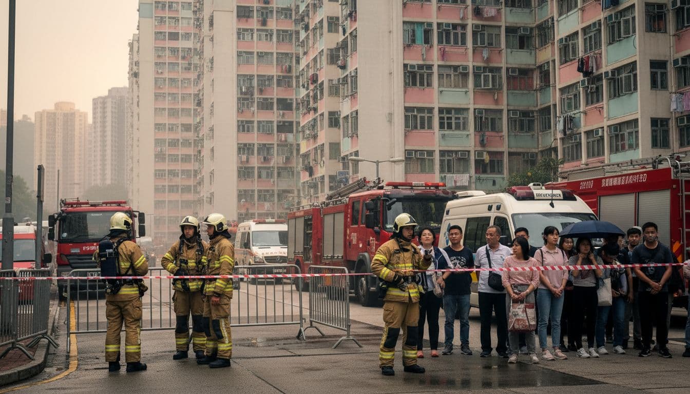 Fire engines, ambulances, and firefighters outside a housing complex in Hong Kong