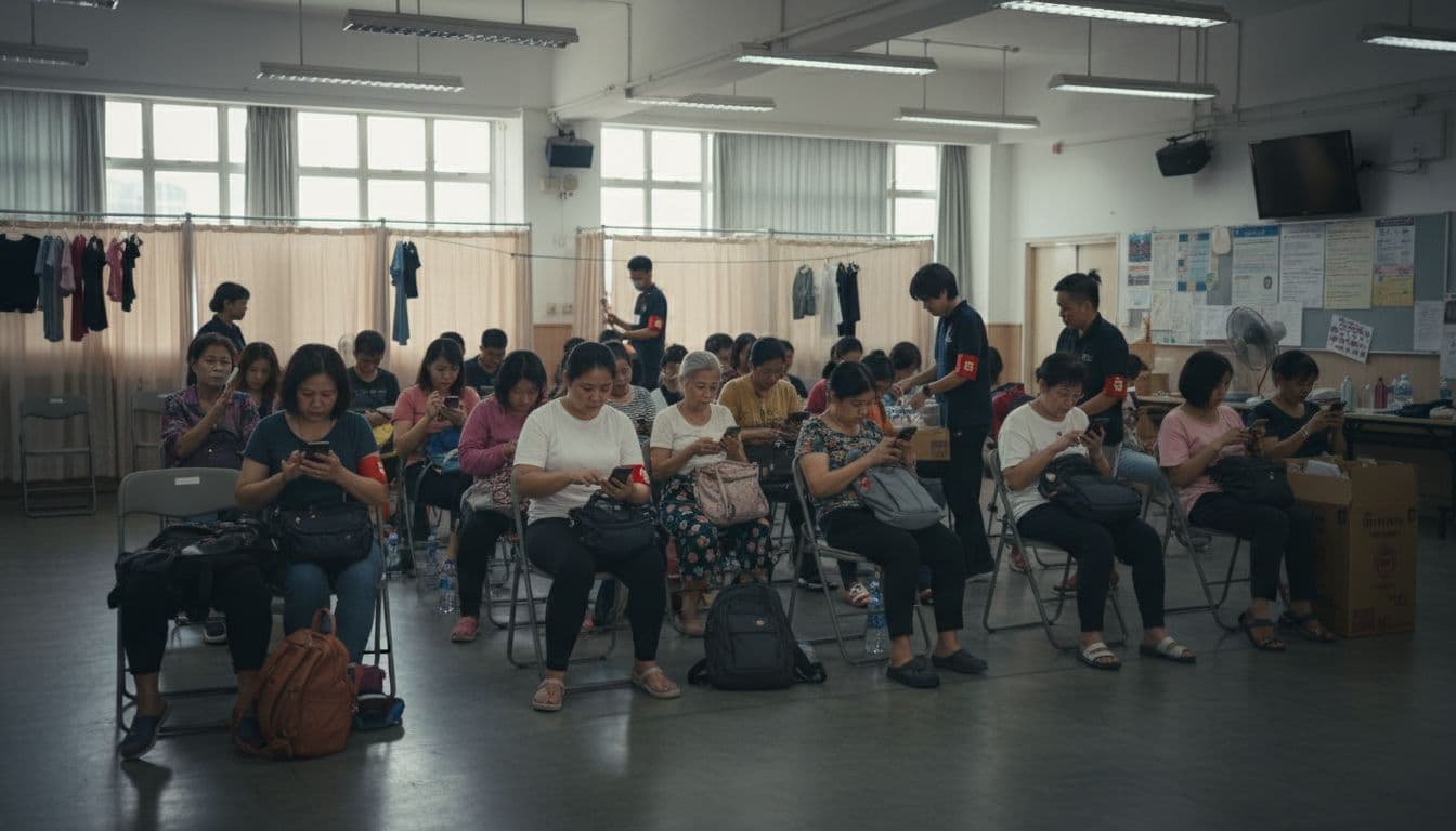 Family members and migrant workers waiting at a temporary shelter in Hong Kong