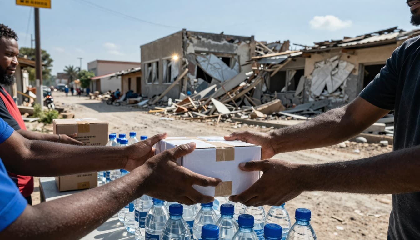 Hands distributing bottled water and boxes, representing humanitarian support after conflict