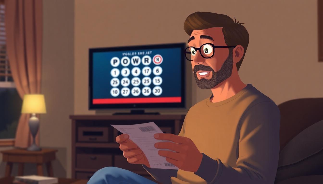 Artistic rendering of a hopeful lottery player checking their ticket at home, television screen in background showing Powerball numbers.