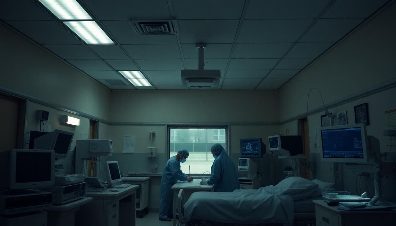 Hospital staff working during a blackout with backup generators running