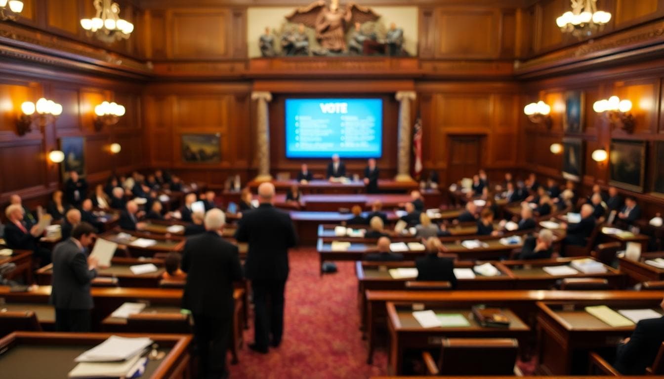 House floor scene with digital vote board glow and desks