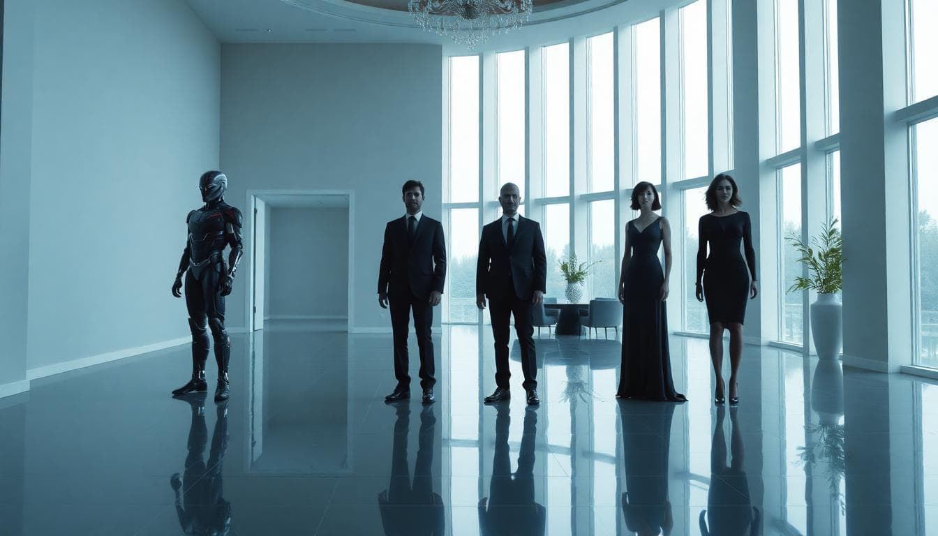 VisionQuest Trailer Breakdown: Human Ultron, Jarvis, Friday, Edith, and a Glimpse of Tommy 3 Human versions of Ultron, Jarvis, Friday, and Edith in a minimalist mansion foyer