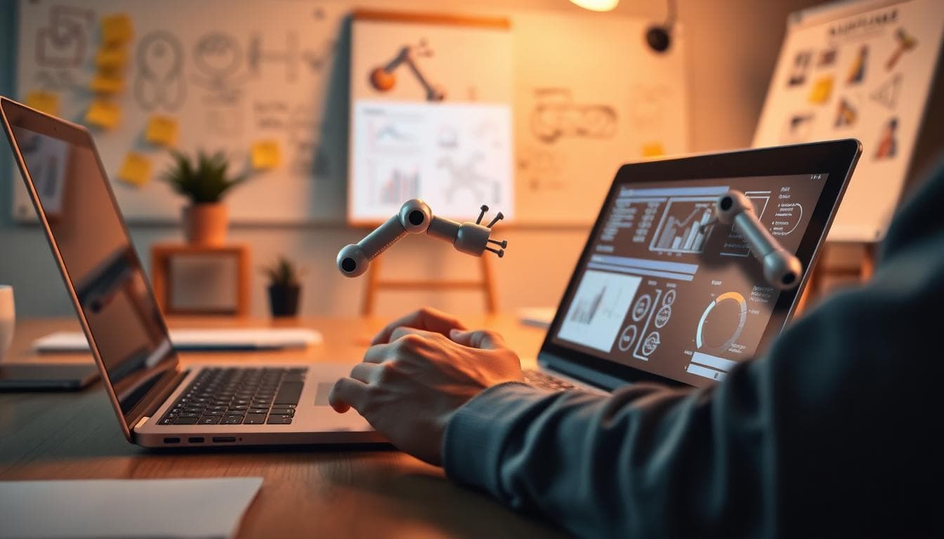 Hands on a laptop while a small robotic arm highlights data on a tablet