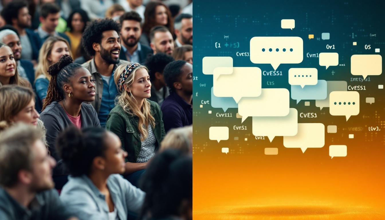 Human Expression vs. AI Words: A split image—one side, a diverse crowd expresses shock and sadness; the other, glowing computer code with jagged speech bubbles emerges.