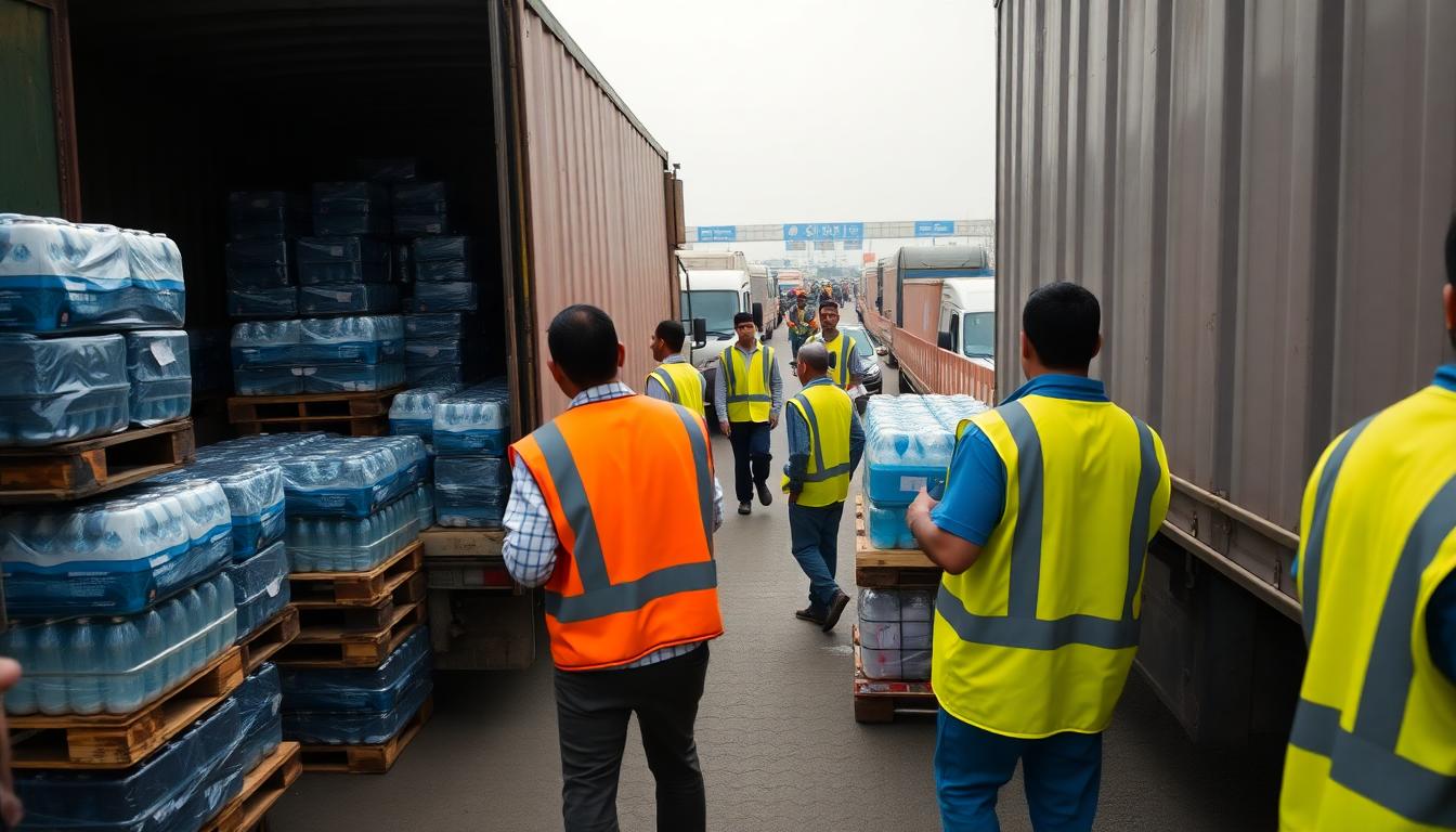 Volunteers load pallets of water and medical supplies onto a truck at a checkpoint