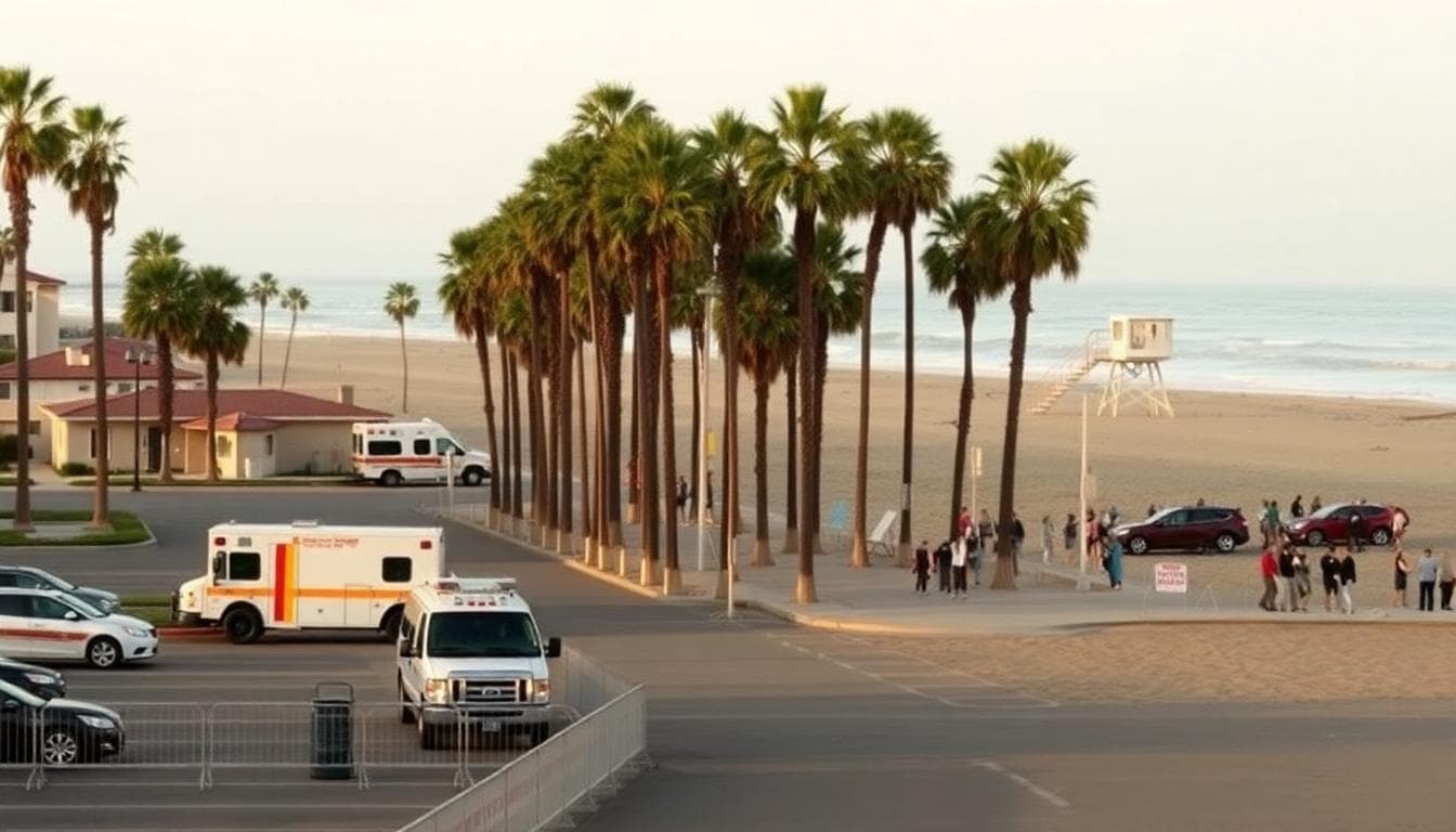 Huntington Beach Helicopter Crash: 5 Hospitalized After Parking Lot Incident 4 Wide shot of Huntington Beach shoreline with emergency vehicles near a parking lot and barricaded onlookers