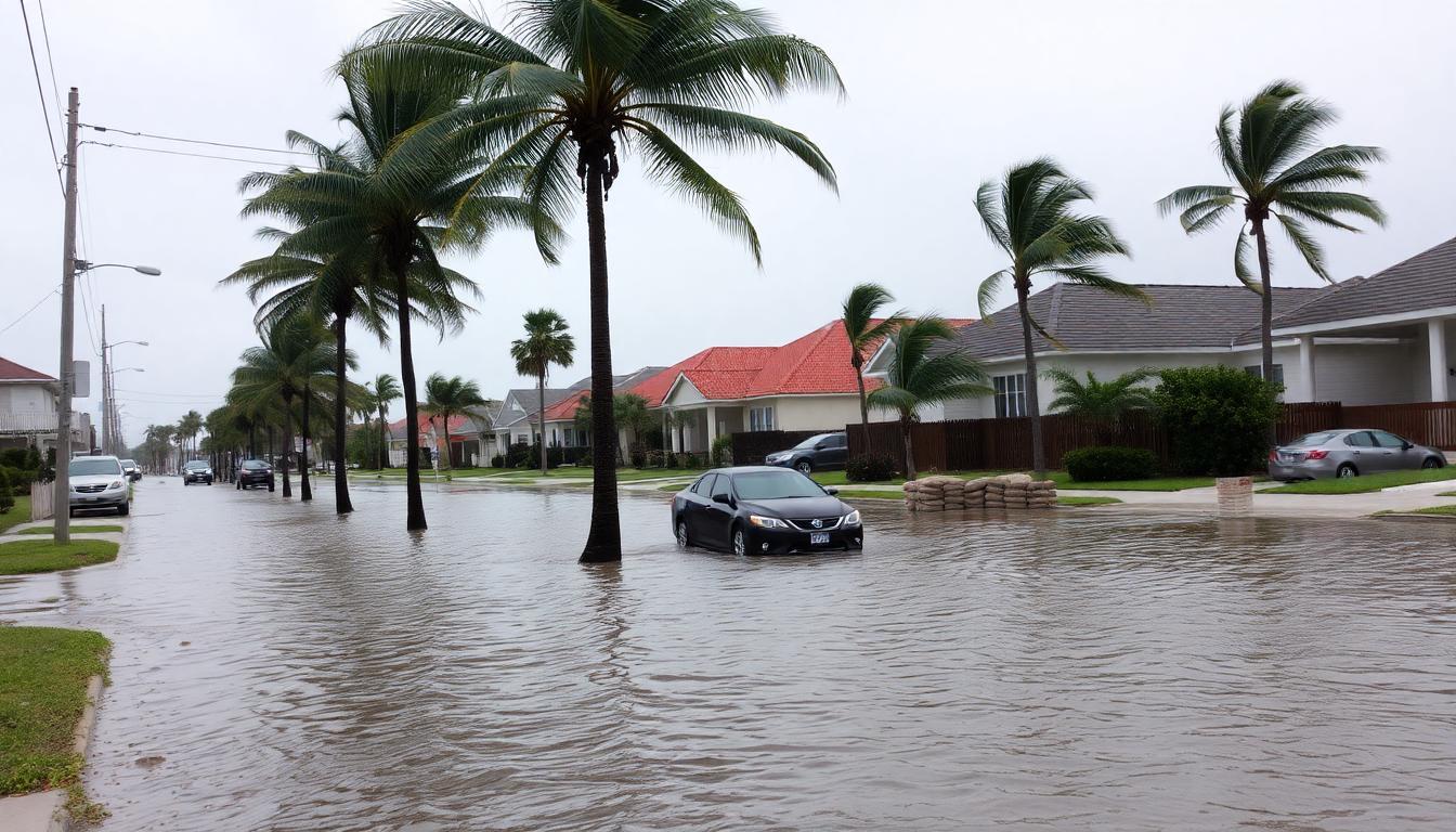Image: Flooded street in a coastal town, palm trees bent, residents stacking sandbags as Hurricane Erin nears