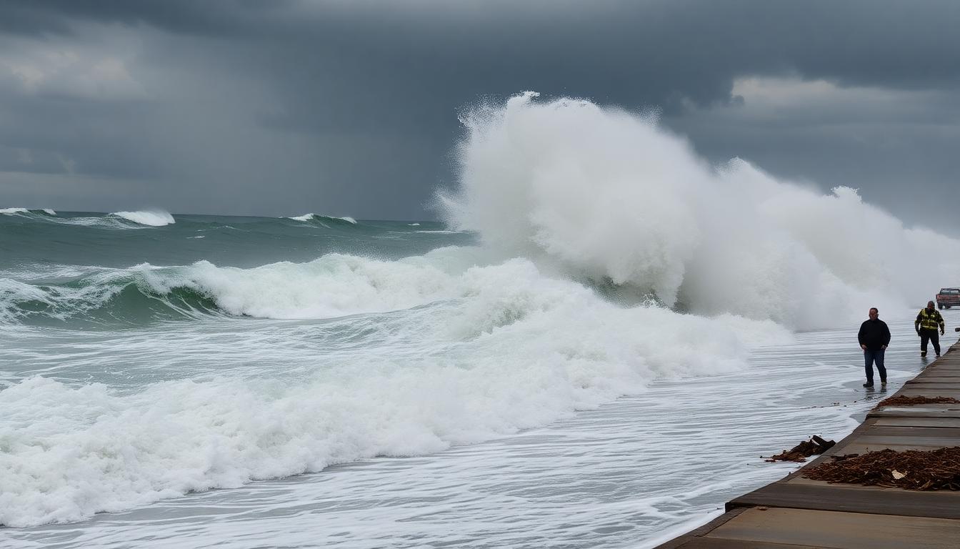 Image: Massive waves crash as Hurricane Erin nears, emergency crews on a stormy, vulnerable coastline