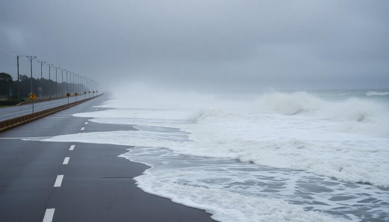 Hurricane Melissa: Full Coverage as Jamaica Cleans Up and the Storm Moves Through the Atlantic 3 Coastal road flooded by storm surge and heavy waves during a hurricane