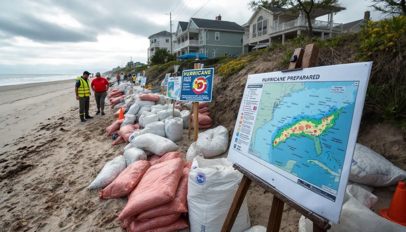 Emergency officials set up hurricane preparedness signs along U.S. East Coast beach, sandbags, storm tracking maps on display, cloudy sky