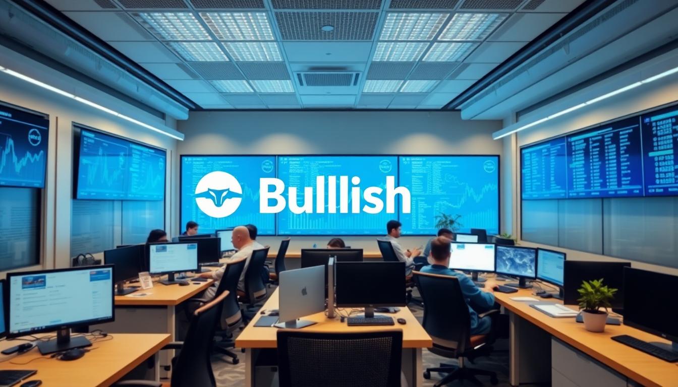 Bullish Crypto Exchange Soars in Historic IPO: Stock Pops 90% and Signals Crypto’s Resurgence 2 Image: Hybrid crypto exchange office, blending blockchain screens and traditional finance, Bullish logo visible