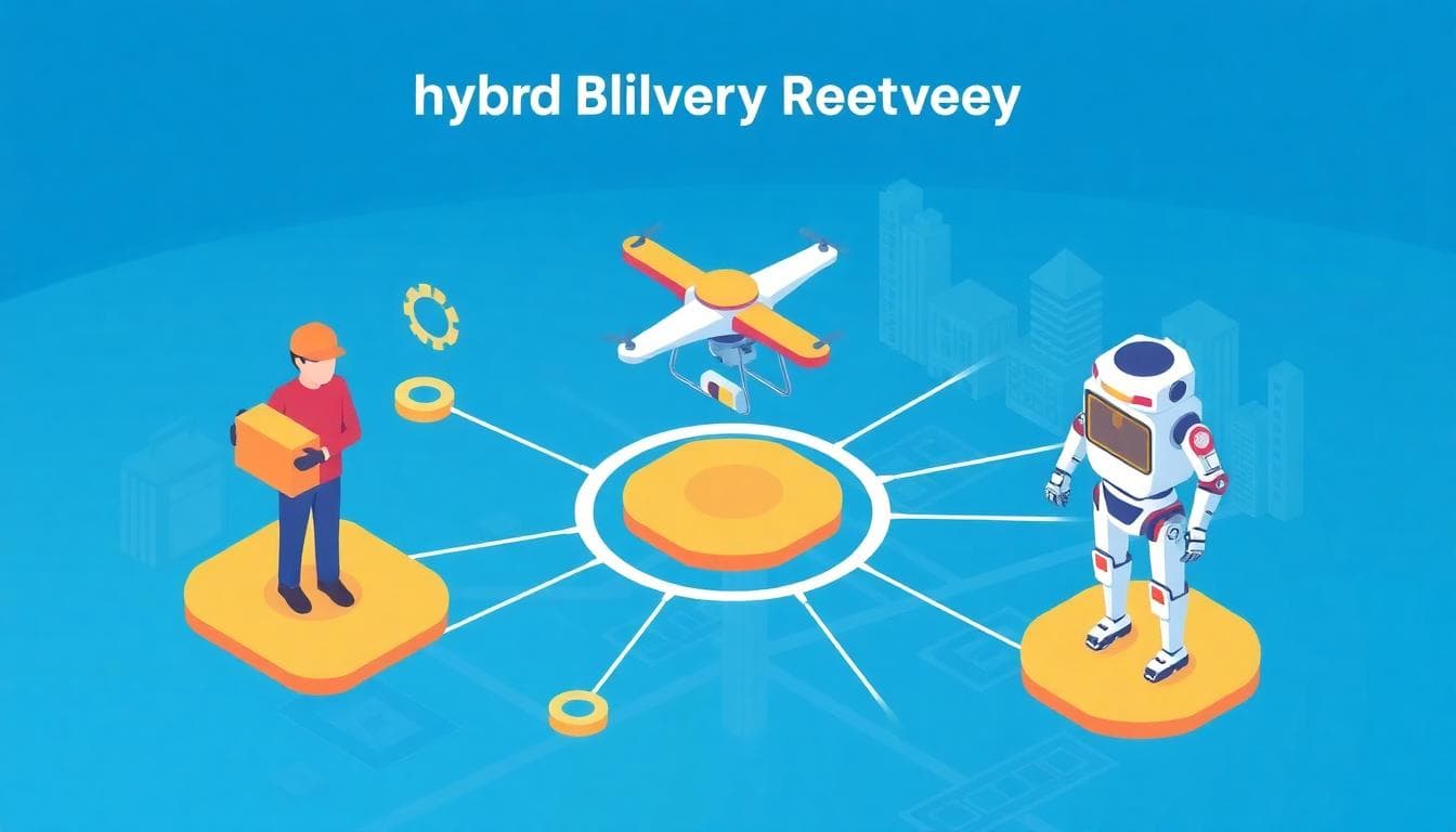 Illustration of a hybrid delivery network with a courier, drone, and robot connected to a central platform