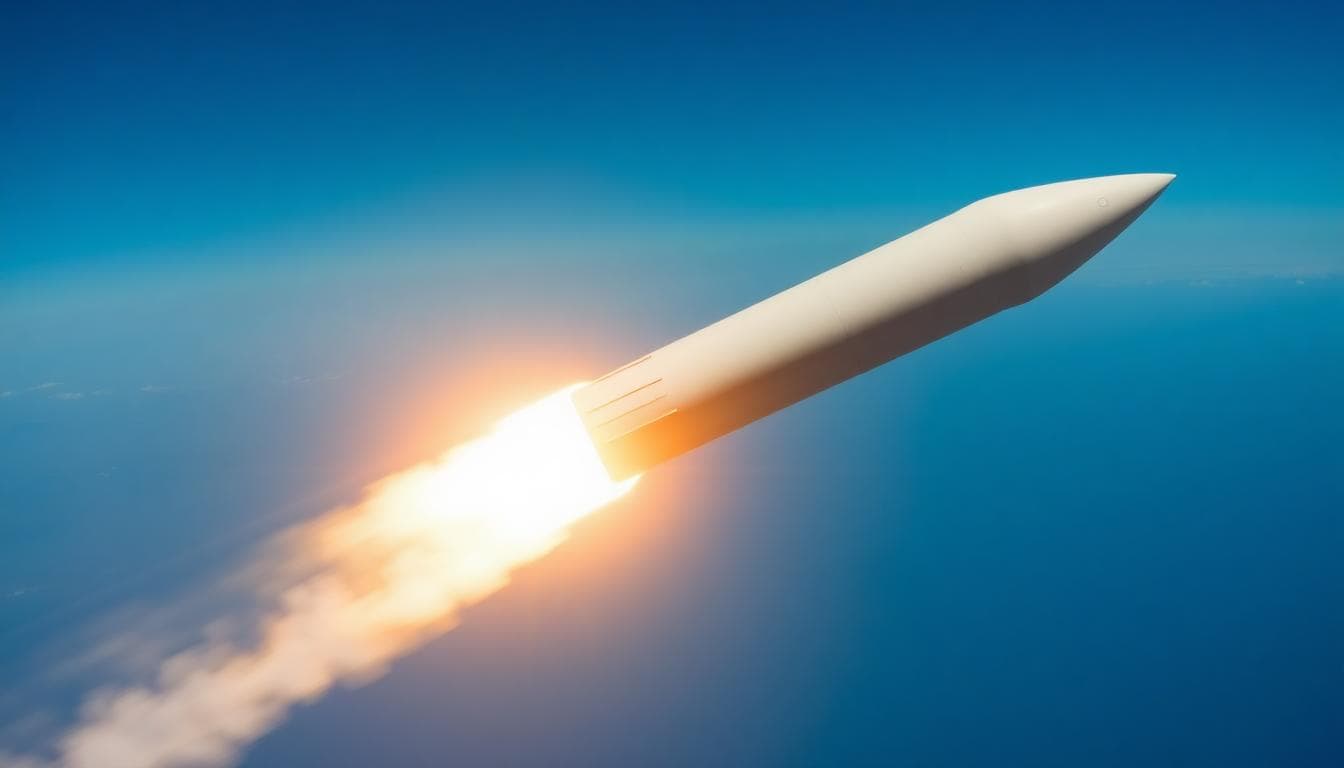 A hypersonic missile launch with a bright plume and visible shock effects.