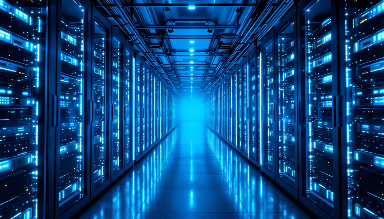 Data center corridor with GPU servers and cool blue lighting