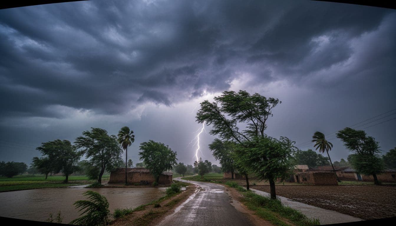 Dark clouds fill the sky over rural India with heavy rain and winds bending trees.