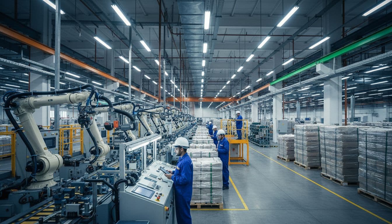 Indian manufacturing facility with workers and automated machinery