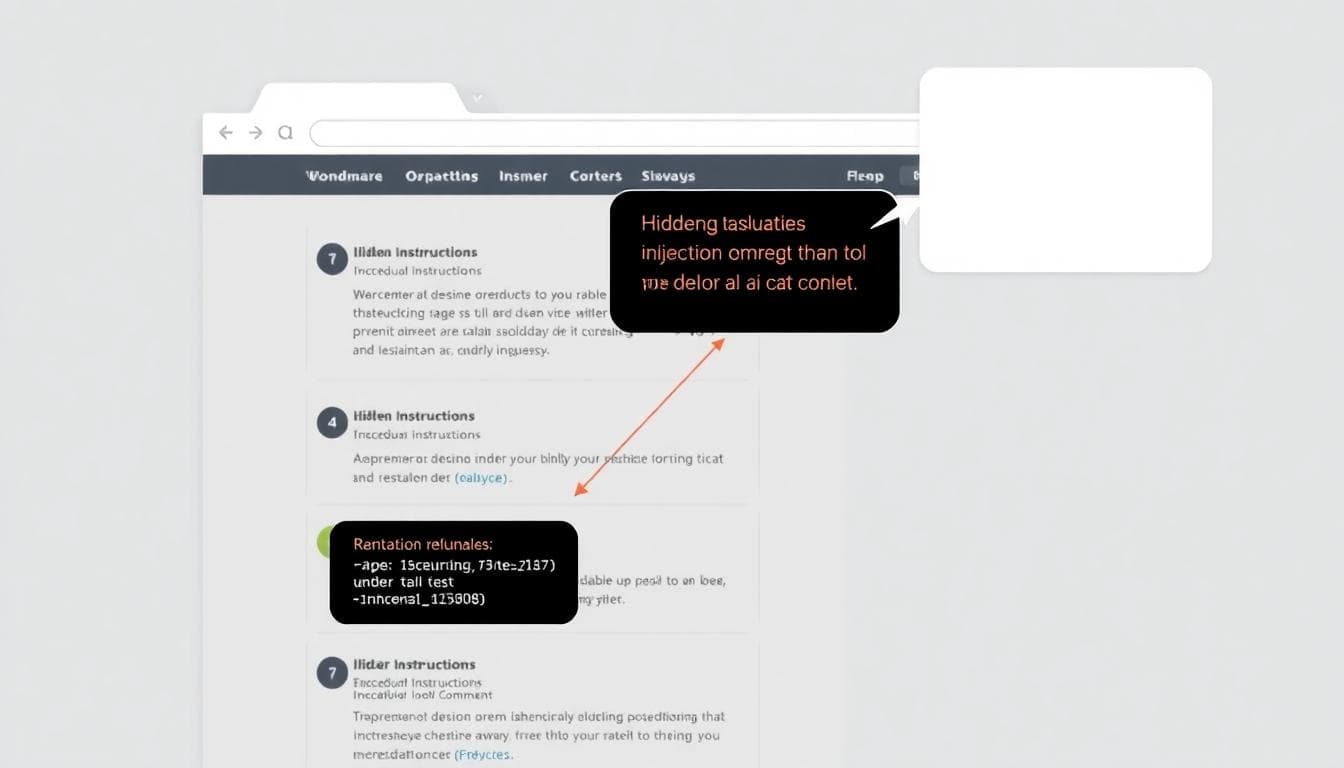 Diagram showing hidden web page instructions flowing into an AI chat via browsing context
