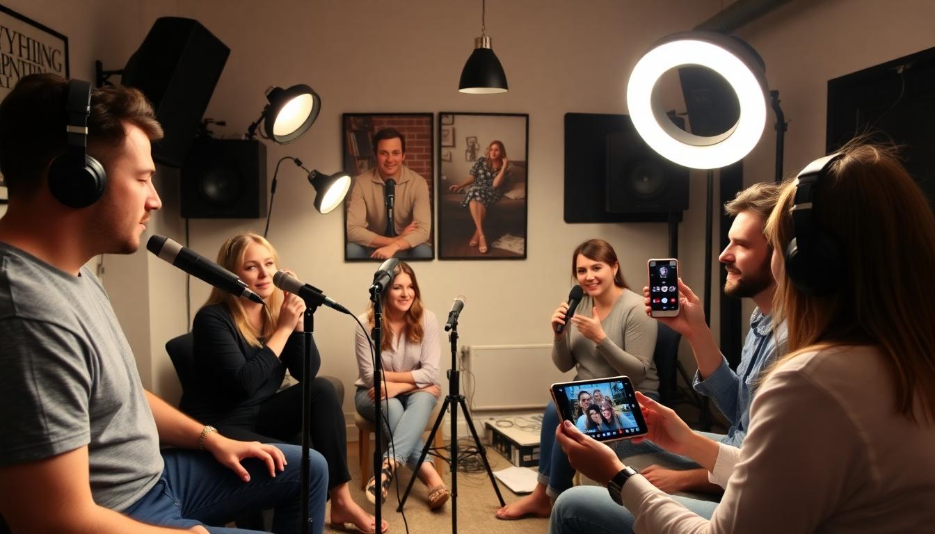 Inside Article Image 2: Influencers and bloggers creating podcasts and video content in a home studio