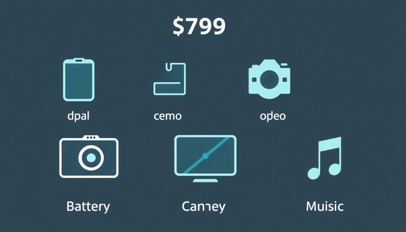 Infographic-style icons for price, battery, camera, display, and music features