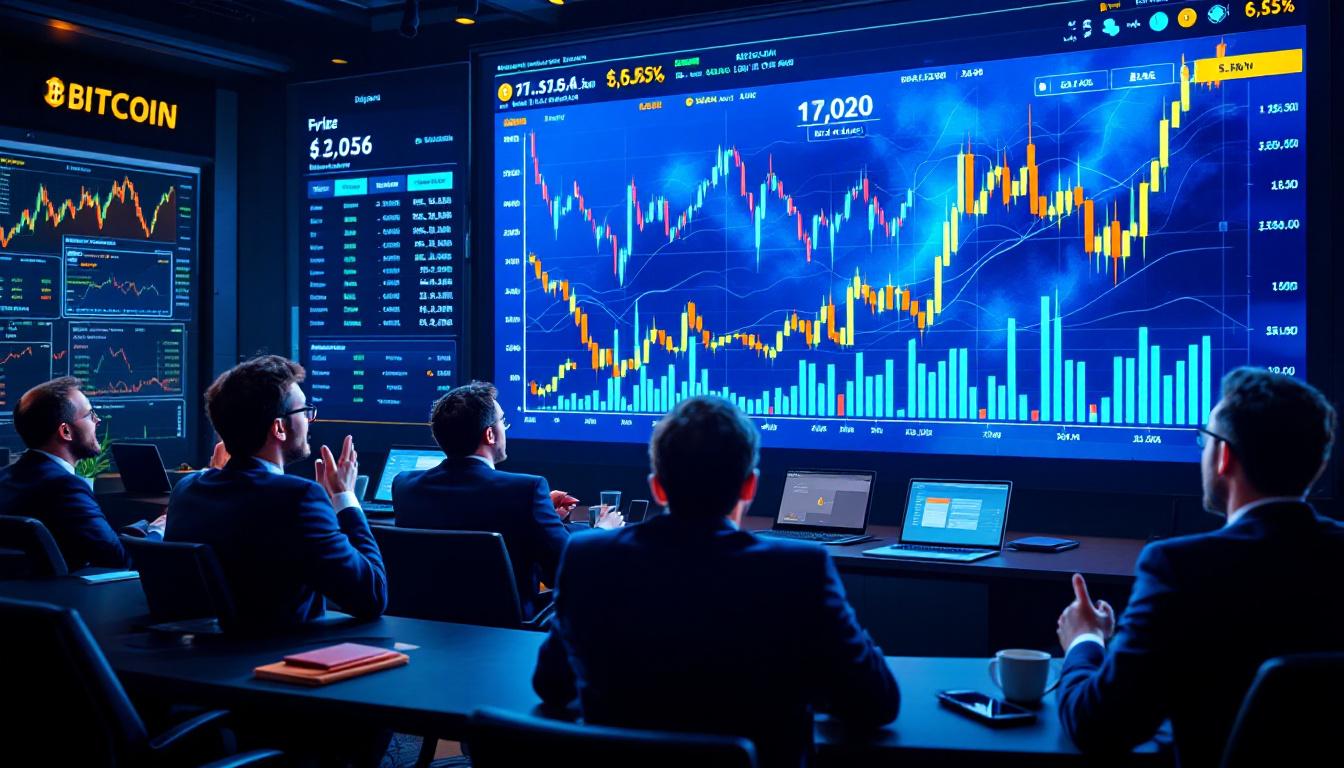 Bitcoin Smashes Record High: Why Institutional Demand and U.S. Policy Are Fueling the Crypto Surge 2 Inside image 1: Institutional investors in suits excitedly watching big screens showing Bitcoin's price surpassing previous highs. Bright financial data and digital wallets glow in the room.